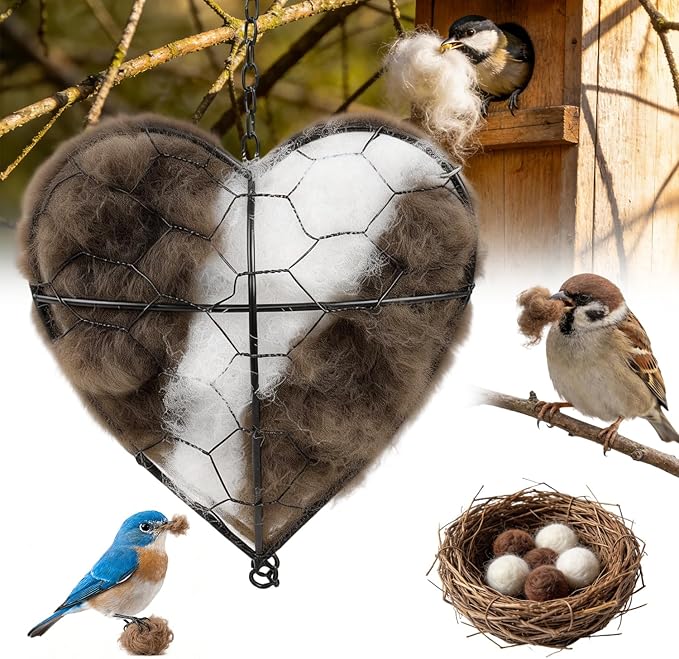 Handmade Alpaca Fiber Bird Nesting Heart, Birds Nests Material Holder, Hummingbird Houses Nest Boxes, Winter Tree Shelter for Wild Birds, Gifts for Outside Garden Art Birdhouse, Birds Lovers (1)