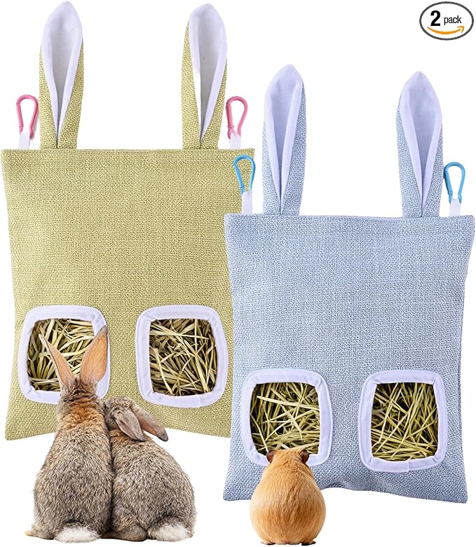 2 Pack Rabbit Guinea Pig Hay Feeder, Cute Bunny Hay Bag, Hanging Hay Holder for Guinea Pig Cage, Hay Feeder for Rabbits Chinchillas Hamsters Small Pets and Animals (Blue & Green)