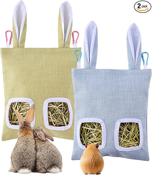 2 Pack Rabbit Guinea Pig Hay Feeder, Cute Bunny Hay Bag, Hanging Hay Holder for Guinea Pig Cage, Hay Feeder for Rabbits Chinchillas Hamsters Small Pets and Animals (Blue & Green)