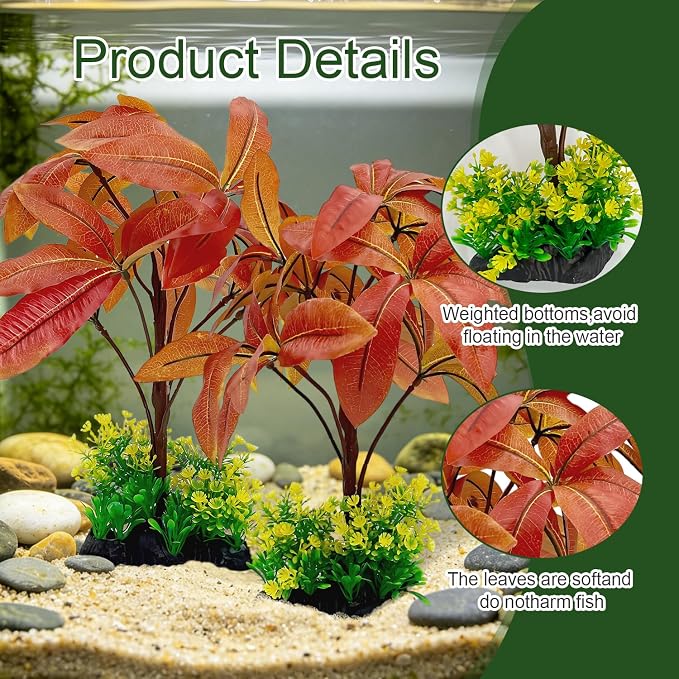 Silk Aquarium Plants 2-Pack 11.8" Tall | Soft Silk Plants for Fish Tank, Artificial Decoration for Fish Habitats, Safe for All Fish (Red)