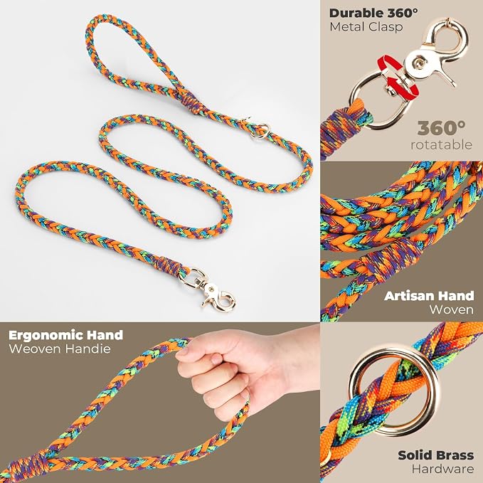 Tirevt Hand-Woven Dog Collar and Leash Set:Color-Block Design, Premium Reinforced Buckle, Adjustable Artisan Paracord for Puppies, Small, Medium & Large Dogs (Rainbow, M)