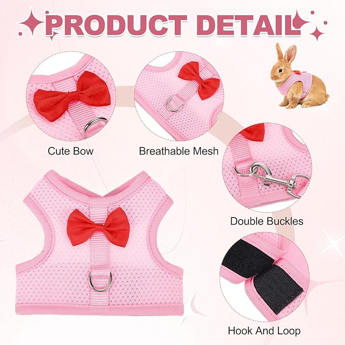Rabbit Harness and Leash, Small Pet Cute Vest Harness Leash Soft Adjustable Buckle Breathable Mesh (M, Pink) for Bunny Kitten Small Pig Puppies Camping Hiking Training
