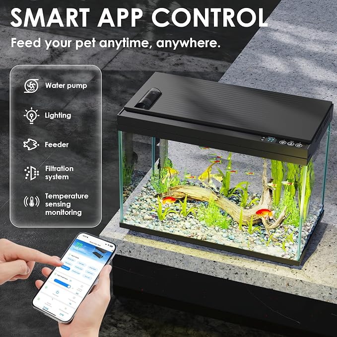 Smart Fish Tank Starter Kit with Smart Temperature Display & Wireless Control, 5.8 Gallon Fish Tank Self Cleaning, 3-in-1 Quiet Filter Pump, 7-Color LED, Heater, Feeder for Beginner Aquarium