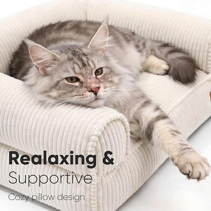 FUKUMARU Dog Couch Bed, Corduroy Cozy Cat Bed for Indoor Cats with Washable Cover, 28in Waterproof Orthopedic Dog Beds Sofa for Small Dogs and Large Cats, Cute Warm Cotton Pet Sofa, Cream