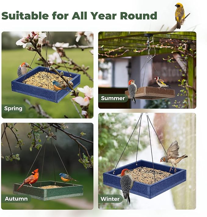 Kingsyard WPC Composite Platform Bird Feeder for Outside, Heavy Duty Hanging Tray for Mealworms & Seeds, 3.5 lbs Large Capacity, Weatherproof Recycled Plastic Material, Easy to Clean, Blue