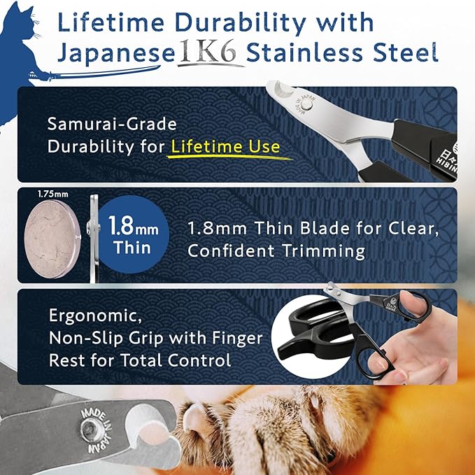 HIBINO Samurai-Grade Cat Nail Clippers | Vet Recommended | Sharper, Quieter & Safer | Precision Blade for Stress-Free Grooming | Non-Slip Grip | Lifetime Durability | Made in Japan