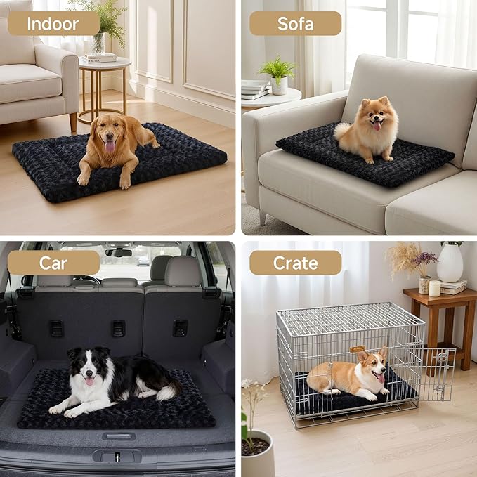 Washable Dog Bed Mat Ultra Soft Dog Crate Pad Comfy Fluffy Pet Kennel Beds Sleeping Mattress for Large Jumbo Medium Small Dogs, 36 x 23 Inch, Black