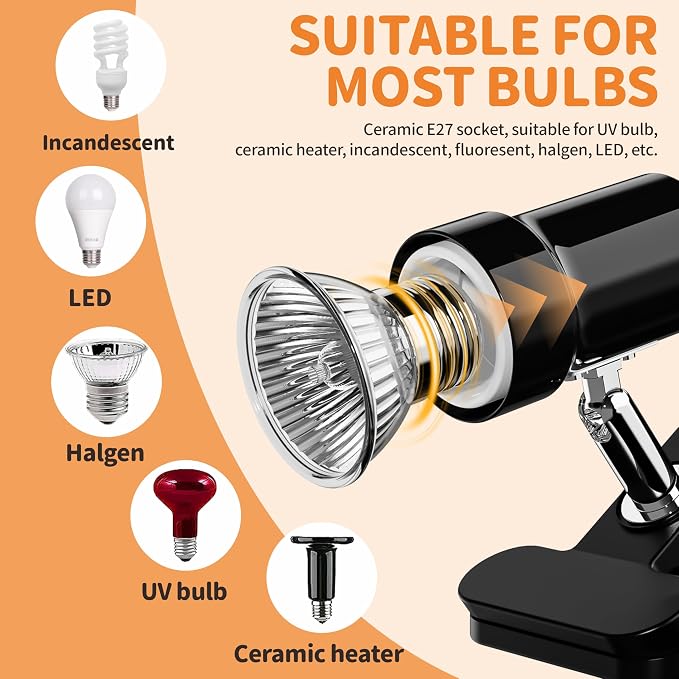 GOZILLA Reptile Heat Lamp, 360°Rota-Table Turtle Light with 25W+50W UVA/UVB Reptile Light Bulbs, Turtle Lamp for Reptile and Amphibian Tanks, Terrariums and Cages.（Black）