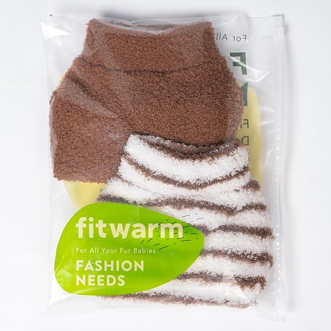 Fitwarm 2 Pack Striped Fleece Dog Sweater, Warm Winter Clothes for Small Dogs Boy Girl, Fuzzy Pet Outfit, White, Brown, Large