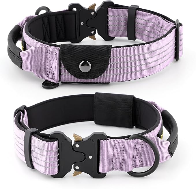 Plutus Pet Tactical Dog Collar with Tracker Pocket for AirTag, Adjustable Reflective Nylon Collar, Metal Buckle, Leather-Wrapped Handle, Soft Padded for Medium Large Dogs (Purple, L)