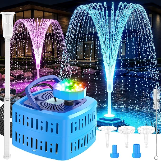 Pond Filter with Pump Fountain Kits,Pond Pump for Outdoor Ponds-Blue | 800GPH Pond Fountain Pump,3 Spray Modes&Water Drainage,18 RGB Cycling, IP68 Waterproof, Dry-run & Overheat Auto Shutoff