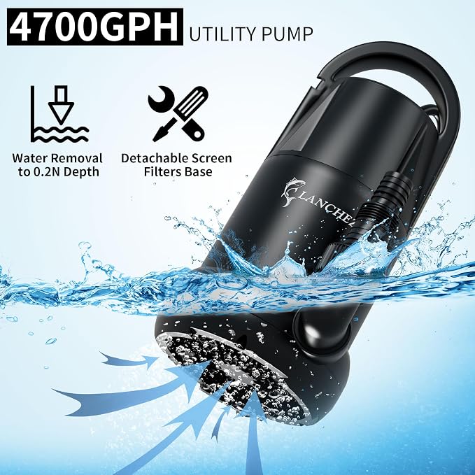 LANCHEZ Sump Pump 1 HP 4700 GPH Submersible Water Pump Thermoplastic Portable Utility Pump High Flow Water Removal for Swimming Pool Garden Pond Basement Window Wells with 25FT Long Power Cord