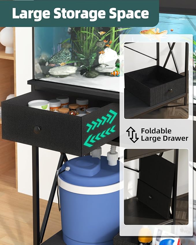 Fish Tank Stand with Drawer,40-50 Gallon Aquarium Stand Easy Assemble | Stable Metal Frame, 2-Tier Breeder Reptile Turtle Terrarium Stand Fits Office Room Home, Adjustable Feet, Accessories Storage