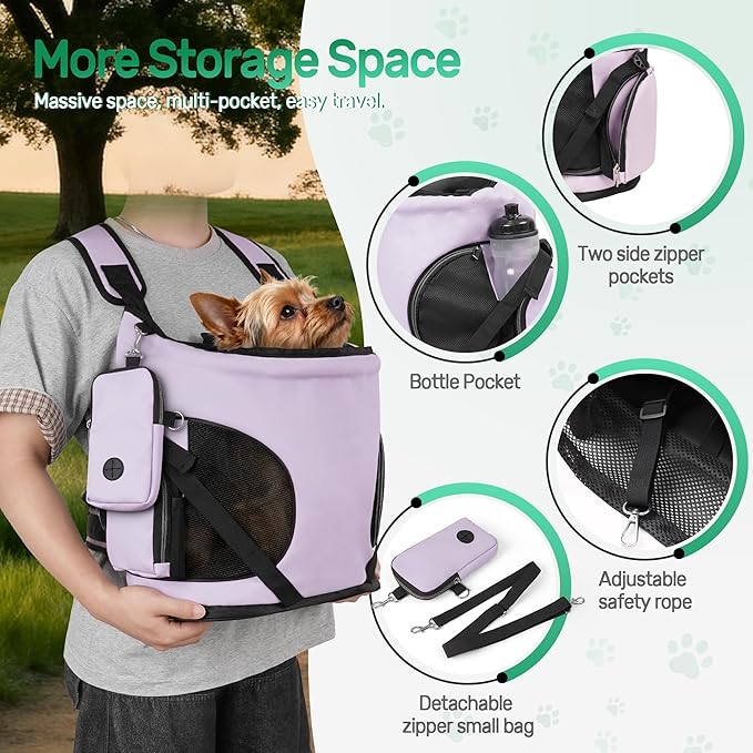 YUDODO Dog Front Backpack Carrier 5-15 lbs, Soft Breathable Pet Front Facing Carrier with Adjustable Straps, Multi-Pocket Design, for Small Dogs & Cats (with Detachable Sling Pouch - Purple)