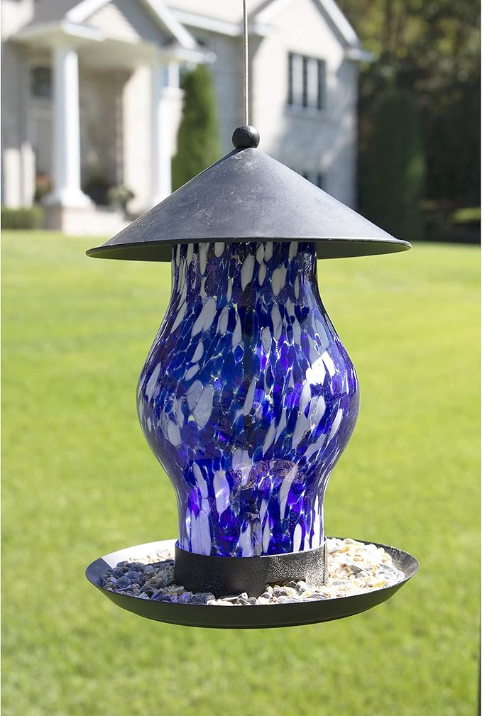 CLEVER GARDEN Glass Bird Feeder, Hanging Outdoor Decoration for Wild Birds, Blue Cylinder