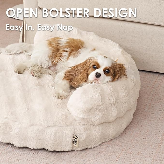 EHEYCIGA Soft Cat Couch Bed for Indoor Cats, Fluffy Small Dog Bed with Removable Washable Cover, Bolster Pet Sofa, Waterproof and Non-Slip, 26" x 26"x 8", Cream