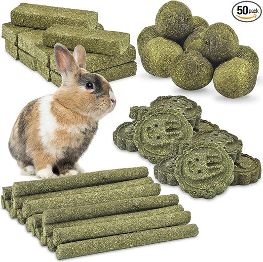 ERKOON 50Pcs Bunny Chew Toys, 100% Natural Timothy Hay Biscuit&Treats Sticks, Chew Toy for Teeth for Rabbit Chinchilla Guinea Pig Hamster Gerbil Squirrel, 17oz