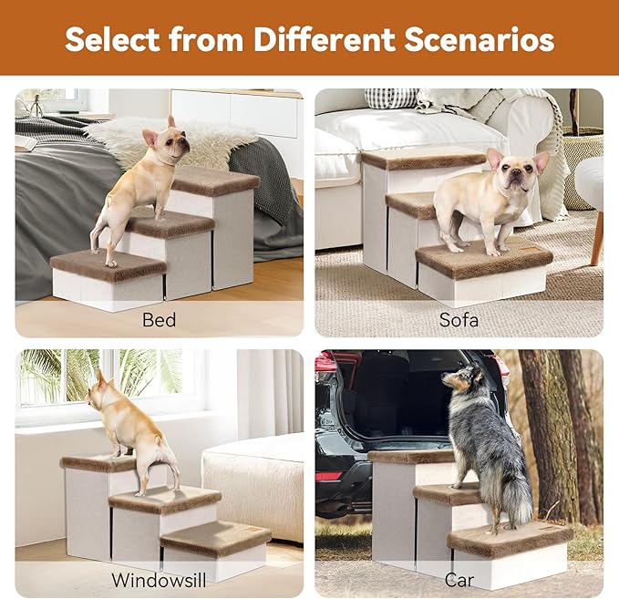 Zerbuger Dog Stairs with Furry Lids 18" H, 3-Step Wider Dog Steps with Storage for Small/Medium/Large Old Dogs Cats, Folding Sturdy Pet Stairs Climbing Bed Couch, Ramp for Car Up to 200 lbs, Khaki