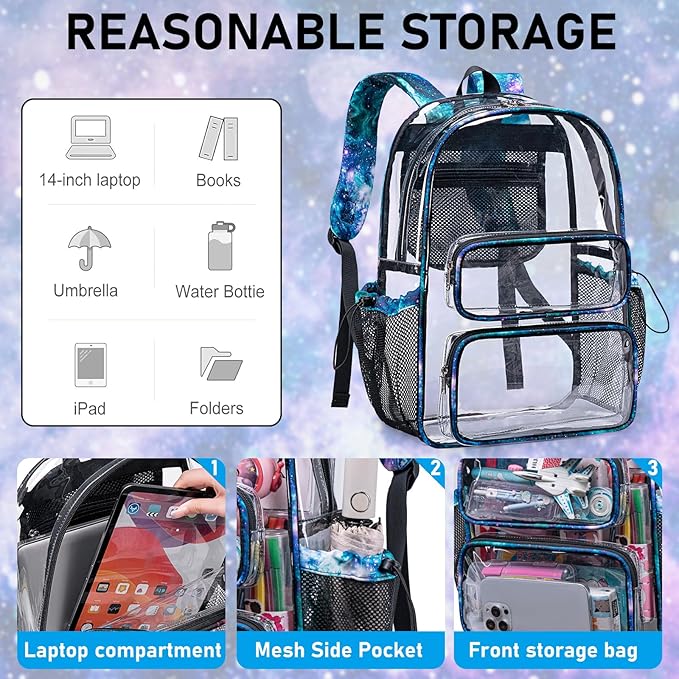 CAMTOP Clear Backpack Heavy Duty Transparent Bag See Through BookBag for Student School Work Festival Sport Travel (Starry Sky)