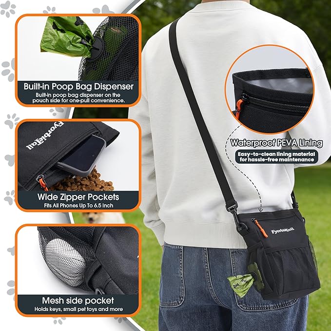 Dog Treat Pouch, 4 Cup Waterproof Dog Training Bag, Hands-Free 3 Ways to Wear, Magnetic Closure, Multi-Pocket, with 2 Rolls Poop Bags (Black)