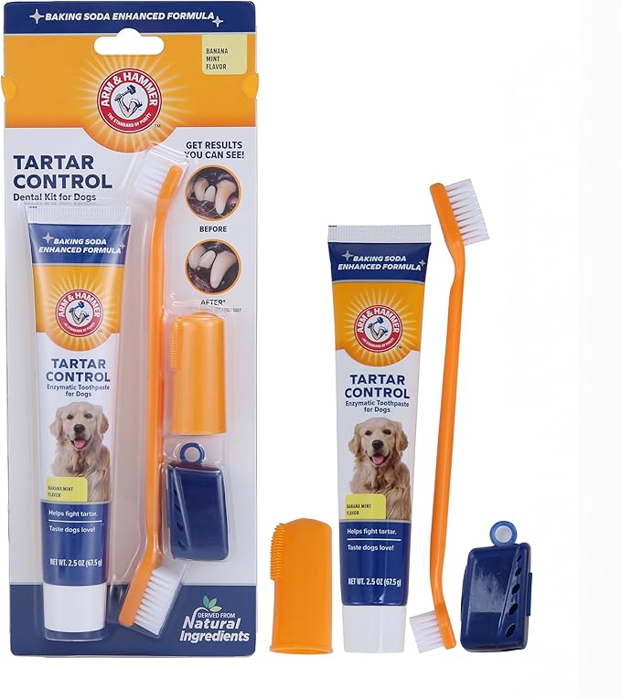 Arm & Hammer for Pets Tartar Control Dog Dental Care Kit, Banana Mint Flavor Toothpaste with Baking Soda, Double-Sided Toothbrush and Finger Brush Included, 2.5 Oz, 3-Piece