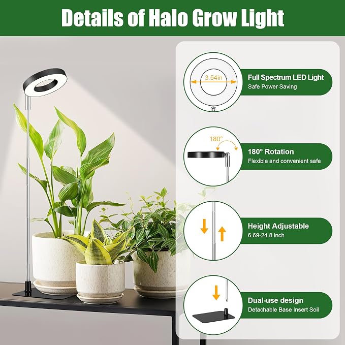 Black 3.54" LED Grow Light, Full Spectrum Plant Lights for Indoor Growing with 3/9/12H Timer, 3 Color Modes, 10 Brightness, Height Adjustable, Small Halo Grow Light with Base, 3 Pack