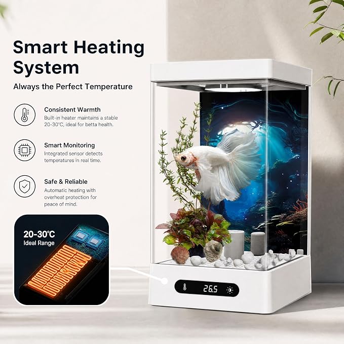Small Shrimp Tank, 0.42 Gal Mini Fish Tank, Smart Automatic Heating, Easy Water Change Valve, and Energy-Efficient LED Lighting - Perfect for Office, Home, and Bedrooms, Single Betta Fish Only