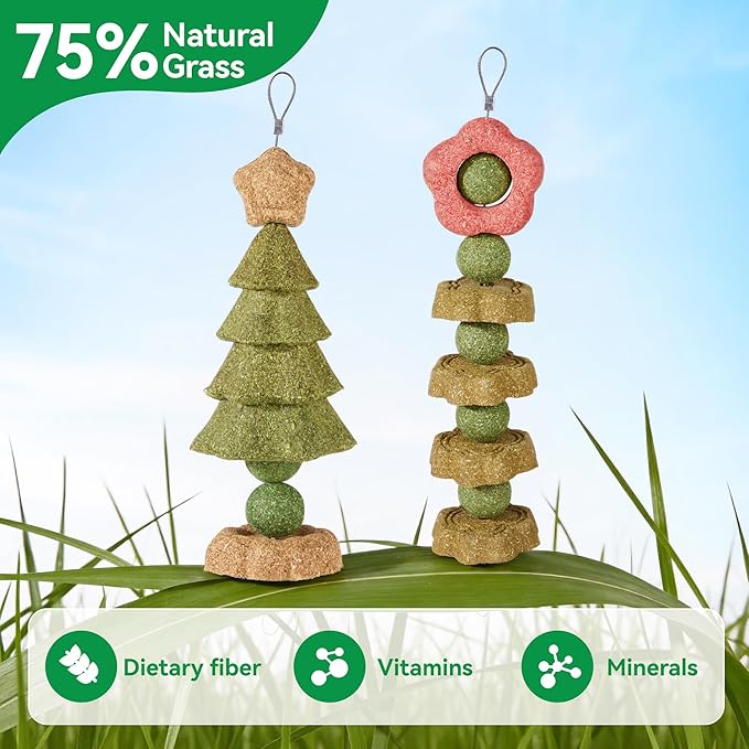 4 Pack Rabbit Chew Toys Bunny Treats, Prevent Teeth Overgrowth, Chew Toys for Guinea Pig/Hamster, Made with Timothy Hay & Vegetables for Rodent Pets, Small Animal Toys
