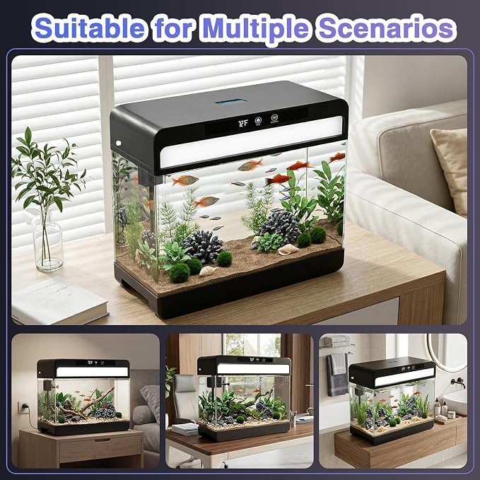 3 Gallon Fish Tank Starter Kit, Small Aquarium for Betta, Black | 3-in-1 Silent Water Filter with Filtration Circulation Oxygenation Temperature Display 7 Colors LED Lights, Artificial Plant