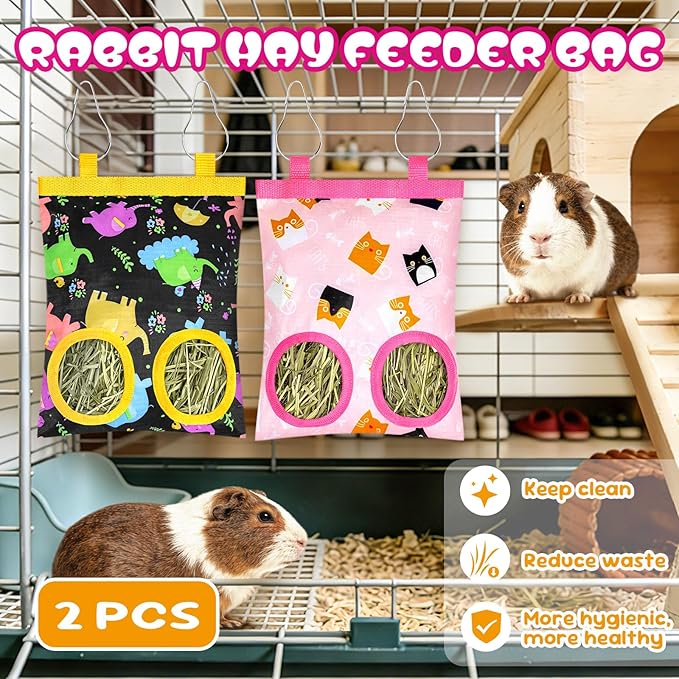 2 Pack Rabbits Hay Feeder Bag, 2 Holes Hanging Bunny Hay Feeder Guinea Pig Feeding Bag Storage Dispenser for Bunny Rabbits Chinchillas Hamsters Small Pets and Animals
