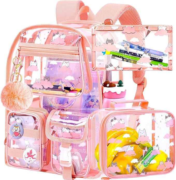 CCJPX 3Pcs Clear Backpack for Girls, School Transparent Bookbag, Heavy Duty See Through Backpacks for Teens Elementary