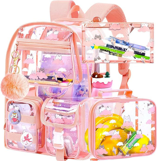 CCJPX 3Pcs Clear Backpack for Girls, School Transparent Bookbag, Heavy Duty See Through Backpacks for Teens Elementary
