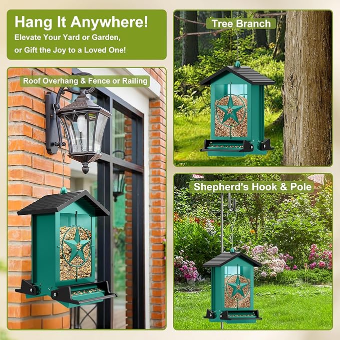 Squirrel Proof Bird Feeders for Outdoors with Weight-Activated, Metal 5LB Large Wild Bird Feeders for Cardinals,Blue Jay,Finch, Weatherproof Durable Hanging Bird Feeder for Backyard,Garden (Green)