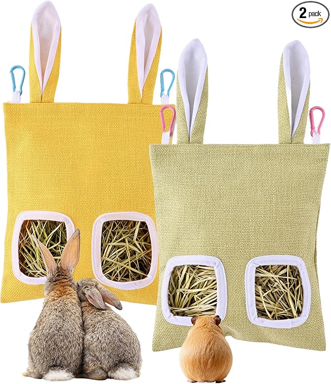 2 Pack Rabbit Guinea Pig Hay Feeder, Cute Bunny Hay Bag, Hanging Hay Holder for Guinea Pig Cage, Hay Feeder for Rabbits Chinchillas Hamsters Small Pets and Animals (Yellow & Green)