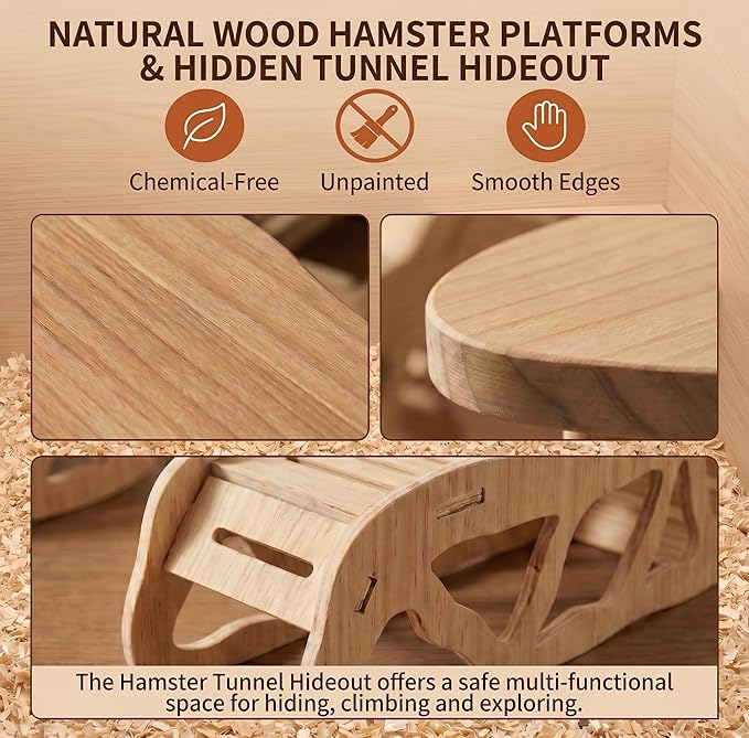 3-Piece Wooden Hamster Platform Set & Tunnel Hideout, Enrichment Natural Wood Hamster Cage Accessories, Climbing Toys & Hides for Syrian, Dwarf, Gerbil, Mice, Habitat Essentials & Decor