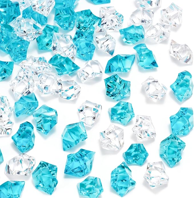 DOMESTAR Mixed Blue and Clear Fake Ice, 150 PCS Acrylic Crystal Vase Filler | Fake Diamonds for Table Centerpieces Wedding Party, Fish Tanks Decor Table Scatter DIY Craft Supplies Food Display