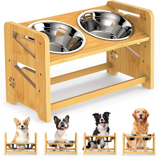 Elevated Dog Bowls, Adjustable Raised Dog Bowl Stand for Medium and Small Pet, 11" High Bamboo Pet Food Feeder with 2 Stainless Steel Dishes（4 Heights）
