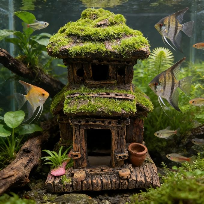 M2cbridge Aquarium Decorations Fish Hideout House Betta Cave with Green Lifelike Moss (Style 3)