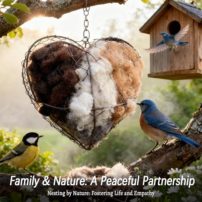 Handmade Fiber Bird Nesting Heart, Alpaca Wool Bird Nest for Outdoor Hanging, Natural Warm Hummingbird House Alternative, Bird Accessories for Garden Trees, Bird Houses for Outside(2Set)