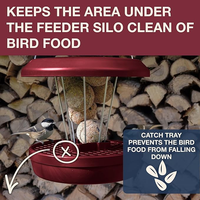SWISSINNO Bird Feeders - No Mess Fat Ball/Suet Feeder for Outdoors Hanging - Smart Birds Lucerne Spill Proof Wild Cardinal Bird Feeder with Integrated Seed Catcher Tray - Burgundy