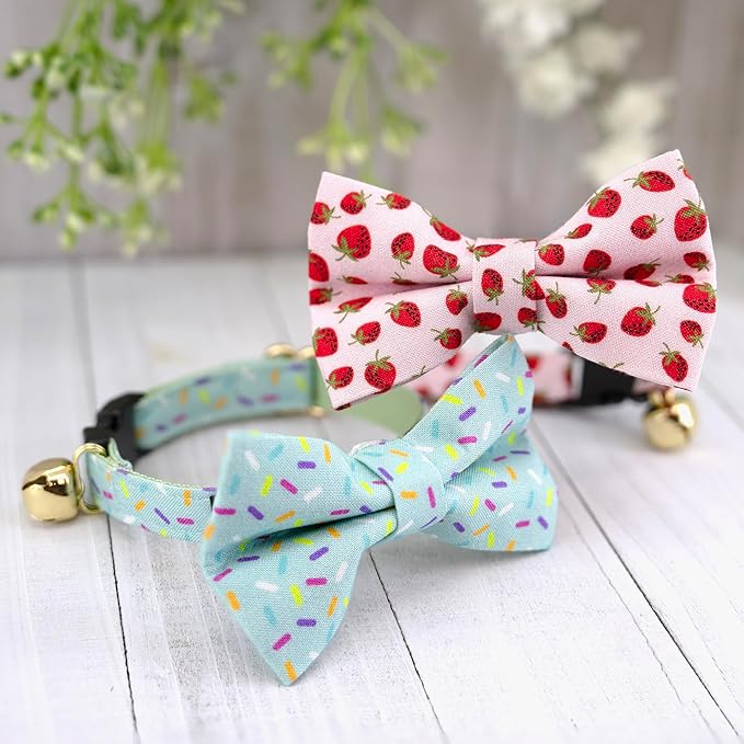 Ultra Joys Breakaway Cat Collar with Bells - Kitten Collar with Bowtie Strawberry Small