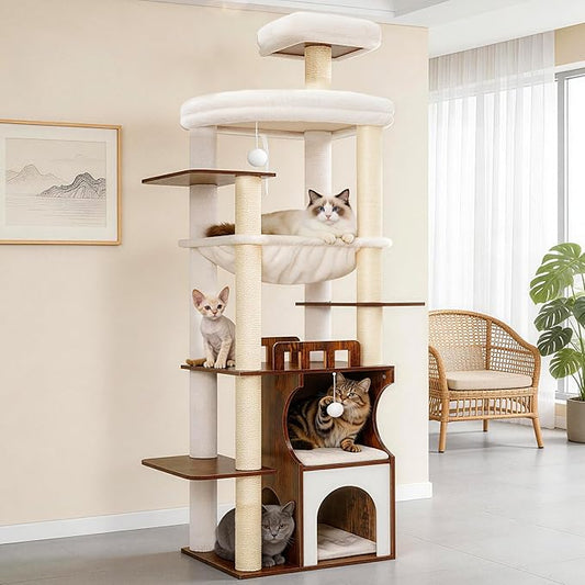 Gitelsnour Cat Tree, 70.9 Inch Wood Cat Tower for Large Cats Adult, Modern Cat Furniture with Double-Layer Wooden Cat Condo, 2 Platforms, Large Hammock and Scratching Posts, Rustic Brown GCT102SR
