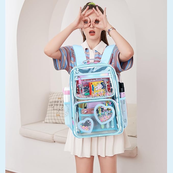 Clear Backpack for Girls,Clear Bookbag Heavy Duty Transparent Backpacks for Stadium Events, See Through Back Pack for Kindergarten Elementary Middle High School (Blue)