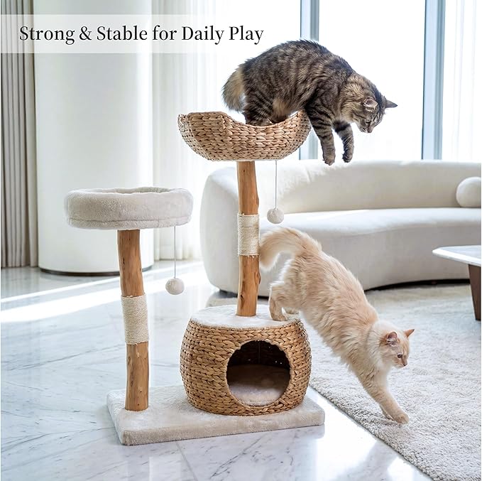 Leo & Lexi Modern Cat Tree Tower with Cave, Real Wood Cat Scratching Post with Bed for Indoor Cats Large Adult, Solid Wooden Climbing Tower, Cute Condo, Aesthetic Stand, Boho Luxury Pet Furniture