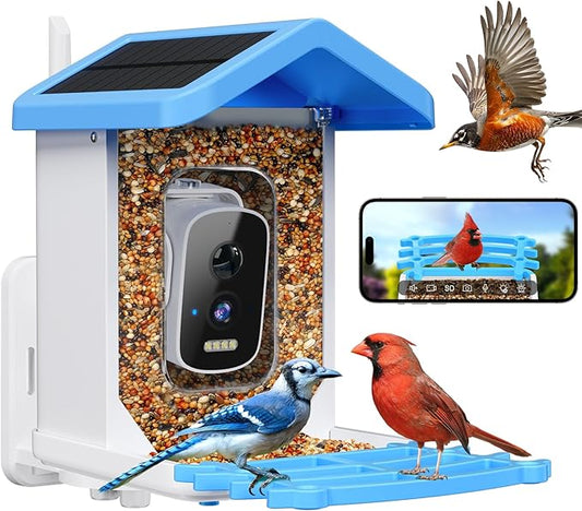 Smart Bird Feeder with Camera, AI Bird Species Identification Solar Powered Panel, 2.5k HD Video Bird House with Camera for Outside Garden, Ideal Gifts for Lover, Valentine's Day, Blue