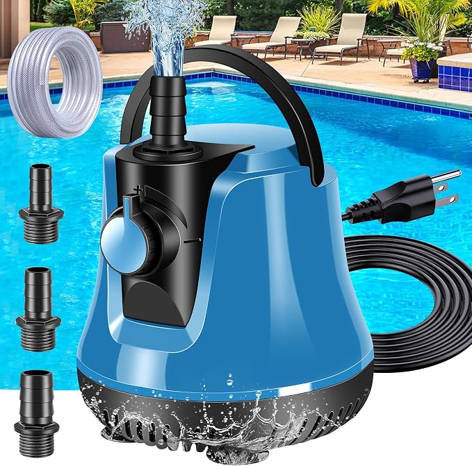 Submersible Water Pump,Adjustable Flow Sump Pump,Water Removal Pump | Electric Pool Cover Pump Above Ground,Portable Water Pump for Pool Draining with 10ft Drainage Hose,3 Adapters,950GPH