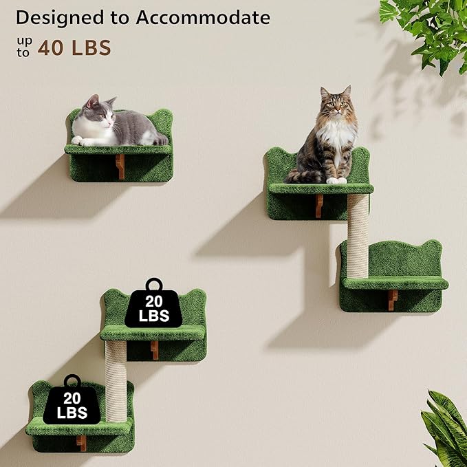 Cat Wall Shelves, Wall Mounted Cat Shelf Furniture with Plush Fabric (9 Piece Set), Cats Furniture with Condos, House, Steps, Bridge Ladder, Scratching Post, Green