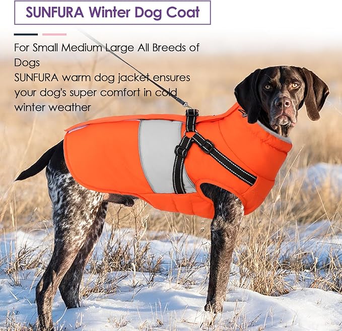 Dog Winter Coat, Waterproof Dog Coat Jacket with Harness for Medium Dogs Boys Girls, Reflective Fleece Lined Pet Snow Jacket Sweaters for Pug, Jack Russel, Boston Terrier, Orange M