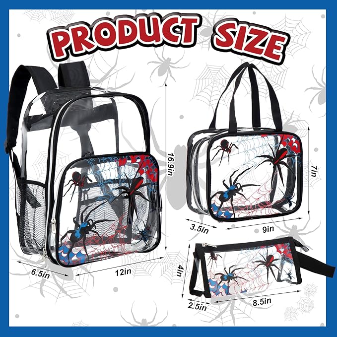 Kacctyen 3 Pcs Clear Backpack Heavy Duty Clear Stadium Bag Transparent Backpack with Lunch Bag(Black,Spider)