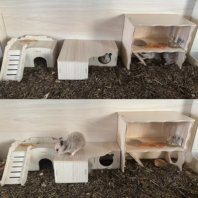 Syrian Hamster Hide with Wooden House, Climbing Ladder and Window, Detachable Hut Play/Chew/Hide